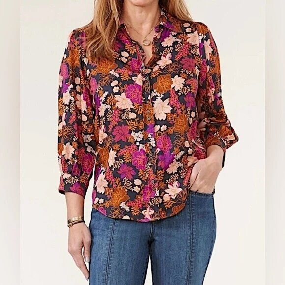 Democracy Dark Floral Print Classic Button Front Preppy Women's Top Size Large - Picture 1 of 16